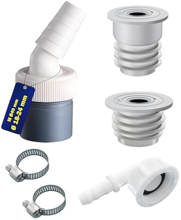 DASHUI Waschmaschine Abfluss Adapter DN 40+6 3/4 Zoll Wasseranschluss für Gewindeanschluss von 18-24 mm und Abgang 40mm Rohr mit Schlauchschelle+2 Stück Dichtungsstopfen