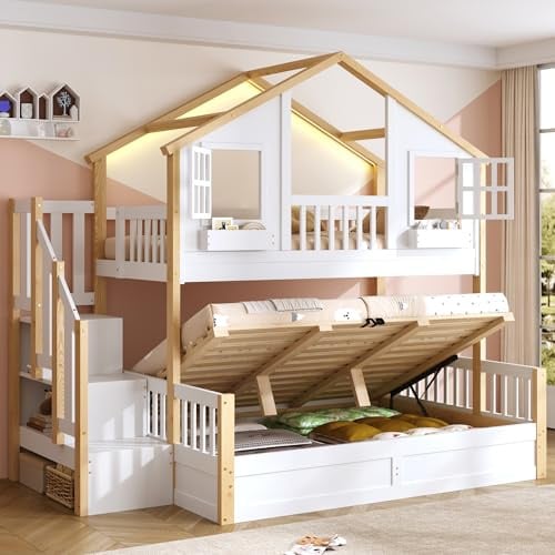 Xwiny Kinderbett 90/140x200 cm mit LED und Hydraulischem Unterbett, Etagenbett mit Stauraumtreppe und Fenster-Form, Stauraumbett, Holzbett, Hochbett aus Massivholz(Ohne Matratze)