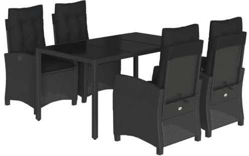 QJBSAVVA 5-TLG Garten-Essgruppe mit Kissen Schwarz - Poly Rattan Gartentisch 150x90 cm und 4 verstellbare Gartenstühle Hochlehner - Sitzgruppe für Garten Terrasse Balkon Außenbereich