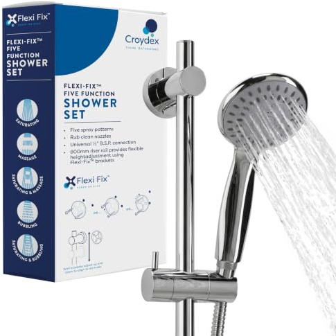 Croydex Complete Shower Kit with 5 Spray Patterns, Flexi-Fix™ Brackets | Shower Head | 80cm Riser Rail |1.5m Shower Hose | Adjustable Slider | Rub Clean Nozzles | Optional Water Saving Insert