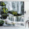 ABAKUHAUS Landschaft Duschvorhang, Wasserfall mit Felsen, Stoffliches Gewebe Badezimmerdekorationsset mit Haken, 175 x 200 cm, Weiß Schwarz und Grün