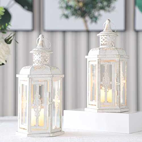 JHY DESIGN Faroles Colgantes de Vela, 25 cm de Altura, Set de 2 faroles de Metal para Colgar, faroles Vintage para Bodas, Exteriores, Interiores, jardín, salón, Pared (Blanco con Pincel Dorado)