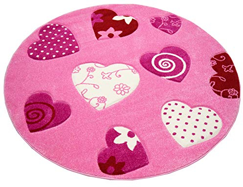 Teppich-Traum Kinderteppich Herzen Kinderzimmerteppich Mädchen in rosa Creme rot Größe 160 cm Rund