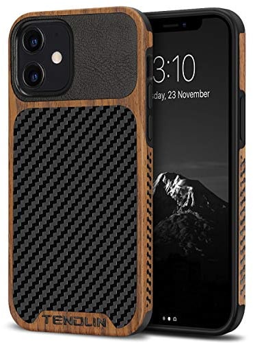 TENDLIN Compatible with iPhone 12 Case/iPhone 12 Pro Case Wood Grain with Carbon Fiber Texture Design Leather Hybrid Case Black