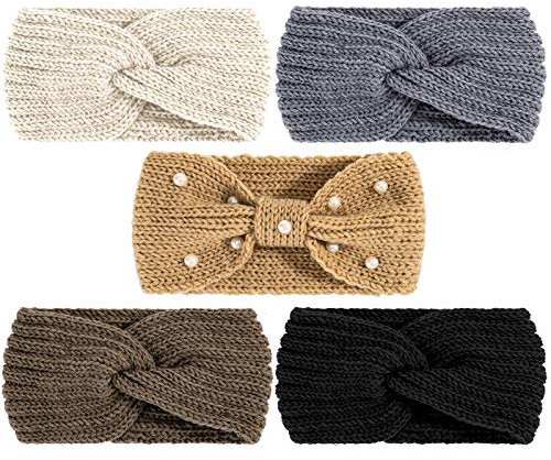 Whaline 5 Pieces Winter Knit Headbands Chunky Knit Headbands,4 Elastic Turban Head Wraps and 1 Pearl Crochet Hair Band, Ear Warmer Crochet Head Wraps for Women Girls (Gray & Brown Colors)