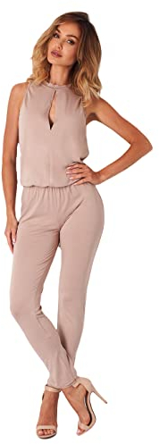 Lemoniade stylischer Jumpsuit Made in EU mit V-Ausschnitt und raffinierten Details (XL, Cappuccino Neckholder)