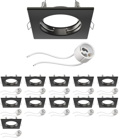 ledscom.de 12 Stück Deckeneinbaurahmen RIR Einbaurahmen schwarz matt eckig (LED/Halogen/GU10/MR16/PAR16/50mm) inkl. GU10 Fassung