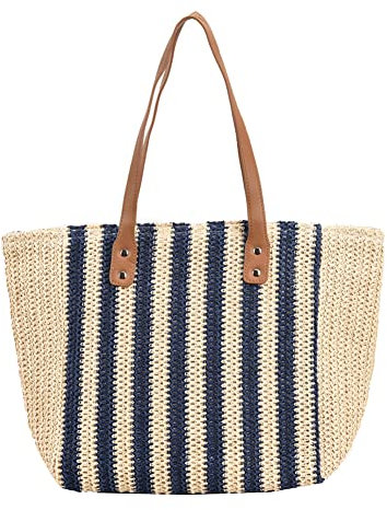 popyes Sac de Paille Femme Décontracté à Rayures Sac à Bandoulière en Paille Tssé Sac de Plage Sac Porté épaule Sac Fourre-tout Vintage Sac d'été Paille Sac Cabas Femme (Bleu)