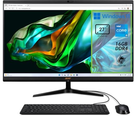 Acer Aspire C27-1800 Computer Fisso All in One, Pc Desktop, Processore Intel Core i5-12450H, Ram 16 GB DDR4, 1 TB SSD, Display 27 IPS FHD LED LCD, Intel UHD, Wifi, Webcam, Windows 11 Home