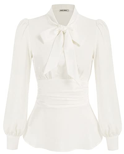 GRACE KARIN Donna Camicetta con Vita Definita Maniche Lunghe a Sbuffo Fiocco Decorativo Ufficio Elegante Top Scollo a V Peplum Orlo Nero/Avorio