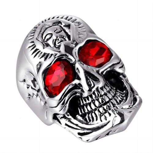 PikaLF Dämon-Schädel-Kopf-Ring für Männer, Rubin-Augen-Schädel-Ring, Vampir-Schädel-Ring, Gotischer roter Augenschädelring, Cooler Teufelsring Halloween Biker (20.6)