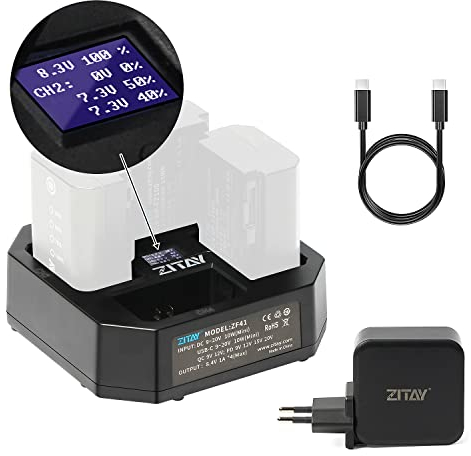ZITAY NP-FZ100 Chargeur de Batterie Écran LCD 4 Canaux QC PD Charge Rapide (avec Adaptateur 65 W) Type-C et DC pour Sony Alpha A7 III A7R III A7R IV A9 II A9R A9S A7R3 A7S3 FX3 A7C A6600