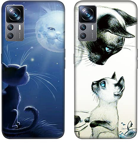 DiaryTown 2 Pièces Coque pour Xiaomi 12T / Xiaomi 12T Pro Etui en Noir Silicone Souple Housse avec Motif Mince TPU Slim Gel Bumper Antichoc Protection Case Cover pour Xiaomi 12T Pro - Chat Mignon