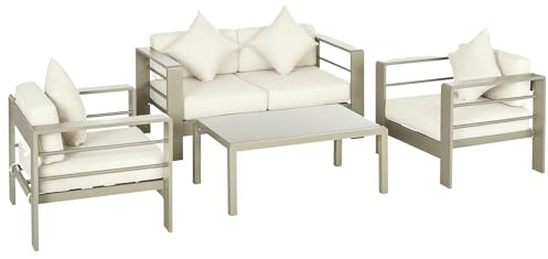 Outsunny 4 Pieces Outdoor Garden Furniture Set Aluminium Champagne Gold | Frame, Backyard Furniture, Thick Padded Cushioned Loveseat, 2 Chairs, Glass Top Table