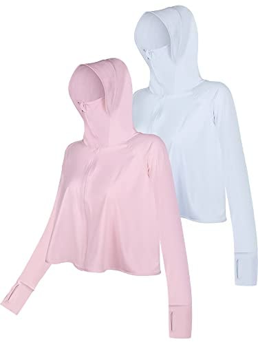 Hercicy 2 Stück kühlende UV-Schutz-Kleidung, Sonnenschutz, Kapuzenjacke, durchgehender Reißverschluss, Sonnenblock, Kleidung für Damen, passend für Größen S-XL