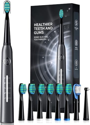 Electric Toothbrush, Sonic Toothbrushes with 8 Brush Heads 40000 VPM 5 Modes, Sonic Toothbrushes Fast Charge 4 Hours Last 30 Days, Rechargeable for Adult Grey