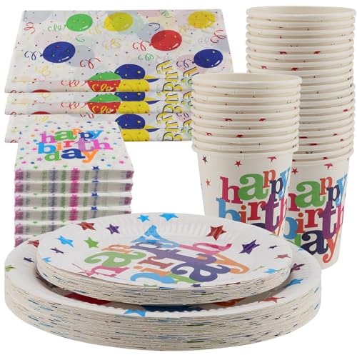 MOUYAT 153 Pcs Rainbow Birthday Party Tableware Set, 60 Birthday Party Paper Plates, 30 Cups, 60 Napkins, 3 Tablecloths, Rainbow Birthday Party Supplies Decorations for 30 Guests
