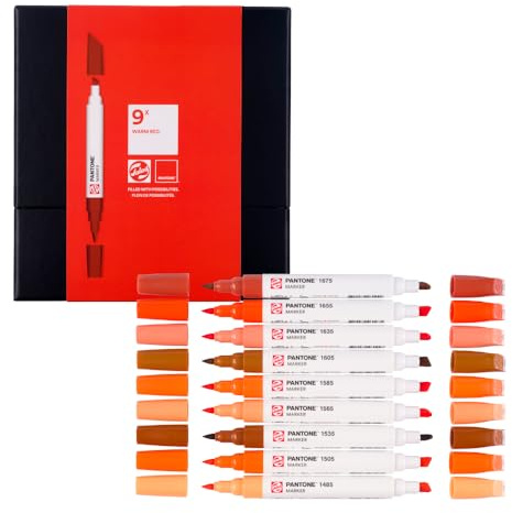 Talens | Pantone Marker 9er Set Warm Red | Dual-Tip-Stift mit Pinselspitze und Keilspitze | Wasserbasierte, pigmentierte Tinte in Pantone-Farben