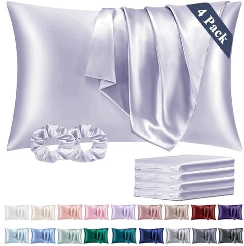 Vielit Satin Pillowcase for Hair and Skin Cooling,Soft as Silk Pillowcase for Hair and Skin,Easier Care than Silk Pillow Cases 4 Pack Purple 50x75cm Gifts for Women Envelope & 2 Scrunchies