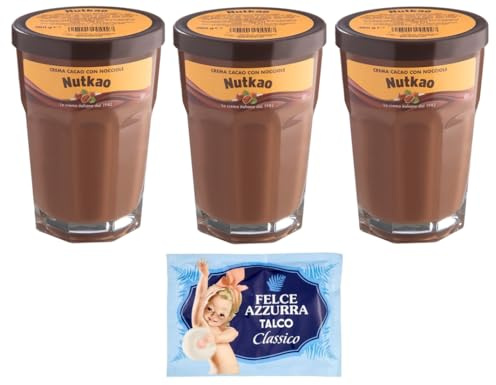 3er-Pack Nutkao Crema Cacao con Nocciole,Streichfähige Creme Kakao mit Haselnüssen,Italienische Creme, 330g-Glas + 1er-Pack Kostenlos Felce Azzurra Talkumpuder, 100g-Beutel