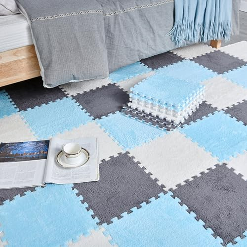 60 Stück Weiche Teppichfliesen, Ineinandergreifende Schaumstofffliesen, Plüschschaum-Bodenmatte Mit Rand, Puzzle-Spielmatten, 30 X 30 cm(Size:0.23 Inch,Color:Grau+Blau+Weiß)