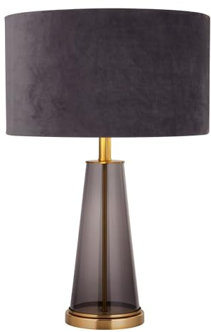Licht-Erlebnisse Tischlampe Glasfuß Stoffschirm in Rauchgrau Grau Gold 60 cm hoch Ø 38 cm Modern E27 Tischleuchte Wohnzimmer Nachttischlampe Schlafzimmer