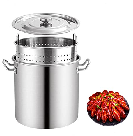 WJFLUCK Large Seafood Boiler/Steamer with Strainer Basket and Lid - Stainless Steel Crawfish Seafood Cooker for Steaming Boiling Canning and Preserving/Siliver / 45x45cm