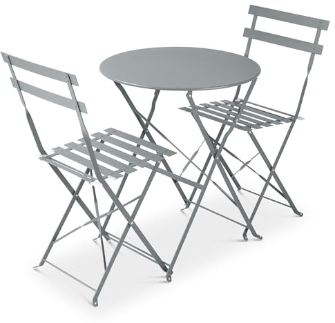 Bravich - 3 Piece Grey Foldable Bistro Set with Foldable Table and Chairs. Powder Coated Steel Frame, Easy to Transport Garden Furniture For Your Garden, Balcony or Patio.