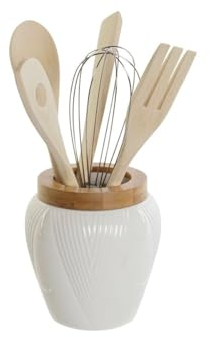 DKD Home Decor Bote para Utensilios de Cocina Blanco Bambú Porcelana 10,5 x 10,5 x 12 cm 6 Piezas