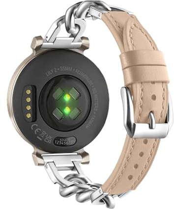 HYSDFFG Metall Kette mit Leder für Garmin Lily 2 Armband, Damen Edelstahl Armband Gliederarmband Ersatzarmband Kompatibel mit Garmin Lily 2 Armband (A)