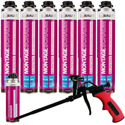 dubaust MSP24 Bauschaum Montageschaum Pistolenschaum 750ml Kombisets PU Dämmschaum hohe Schalldämmung Wärmedämmung Isolierend B2 (mit Reiniger PRS24 500ml + Schaumpistole Business, 6x 750ml)