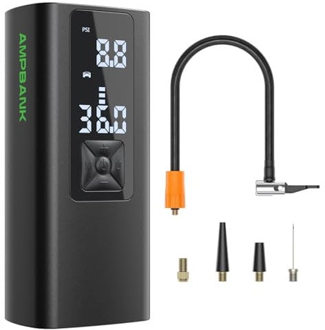 Compressore Aria Portatile, AMPBANK AT003 Gonfiatore Elettrico Portatile, Compressore Auto Portatile Da 150 PSI Con Batteria Da 6000mAh, Manometro e Schermo LED, Mini Compressore Per Auto, Moto, Bici