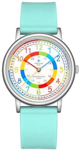 Alienwork Lernuhr Kinderuhr Jungen Mädchen Uhrzeit Lernen Silber Silikon-Armband Hellblau Mehrfarbig Kinder-Uhr Zeit Lernen Ultra-flach dünn