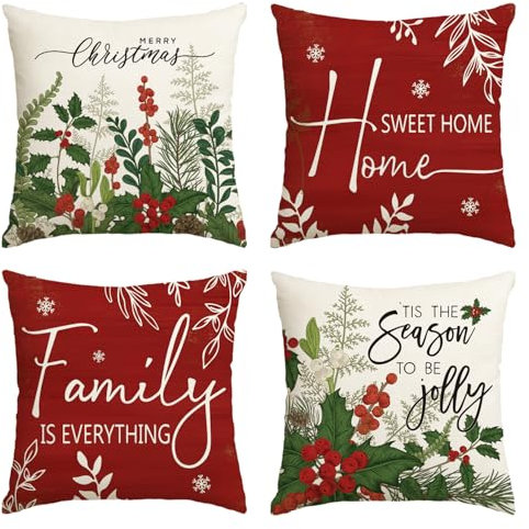 Artoid Mode Blätter Stechpalme Schneeflocken Weihnachten Kissenbezüge 4er Set, 45x45 cm Home Sweet Home Zierkissenbezug Cushion Cover Couch Deko