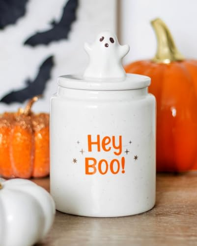 Horror-Shop „Hey Boo“ Weißer Halloween Vorratsbehälter aus Keramik 17 cm