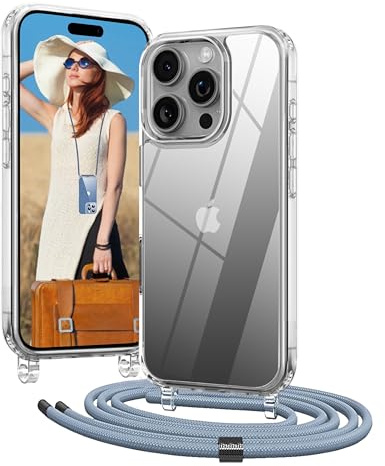 OLEPHY Transparente Funda con Correa para iPhone 16 Pro 6,3, Azul | Case con Cuerda para hombro y cordón [Ajustable y Extraíble],
