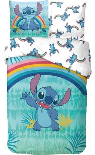 Bettwäsche Stitch, Bettbezug Disney, 140 x 200 cm + Kissenbezug 65 x 65 cm, 100 % Baumwolle (Regenbogen)