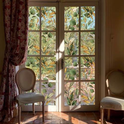 ChicSkin fensterfolie Blickdicht, Fensterfolie bunt Grüne goldene Blätter, Fensterfolie sichtschutz, Regenbogen Folie Fenster, Fensterdekoration Geeignet für Wohnzimmer und Schlafzimmer 53X300CM