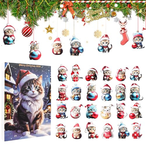 Weihnachtsbaum Katzen Anhänger, 24-Tage-Weihnachts-Countdown-Kalender für Katzenliebhaber, 2D Acryl Katzen-Hängeanhänger, Weihnachtsbaumschmuck