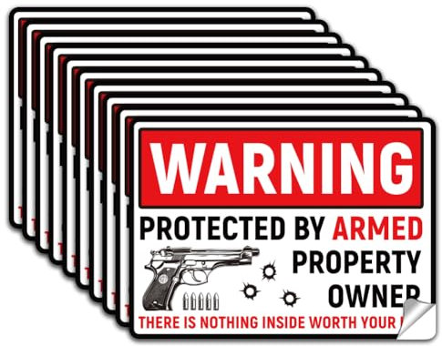 WADORN 10 pièce Propriété Panneau Autocollant, PVC Protégée Par un Propriétaire Armé Étiquettes D'Avertissement Imperméables Autocollantes pour Maison L'Entreprise Propriété L'Extérieur, 13x18cm