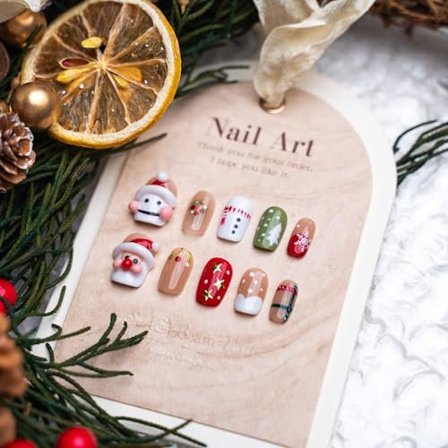 Sun&Beam Nails Handmade Press-on Short Squoval Round Red White Green Christmas 3D Sweet Design Fashion False Nail Tips 10 Pcs Set (#190 M)