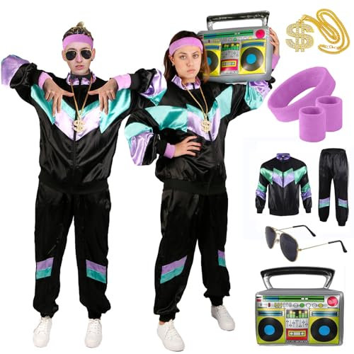 Costume tuta Anni 80, Costume Anni 80 90 Uomo Donna Coppia Vestiti Accessori 80 Tuta da Jogging Adulti Completo anni '80 Retrò Costumi Cattivo Gusto Maschera Carnevale Cosplay Party Fashion