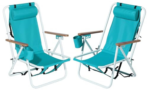 Outopee Set of 2 Folding Beach Chair, Portable Camping Backpack Beach Chair with 4 Level Positions, Adjustable Headrest, Cup Holder for Fishing Poolside Picnic, 120kg Capacity, Mint Green