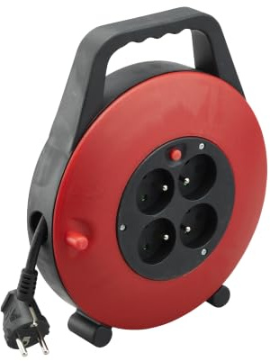 DEBFLEX - Mini-Enrouleur Electrique - Multiprise 4 Prises avec Rallonge Electrique Enroulable - Idéal Bricolage & Usage Domestique - Câble Alimentation 10 Mètres - Gris/Rouge