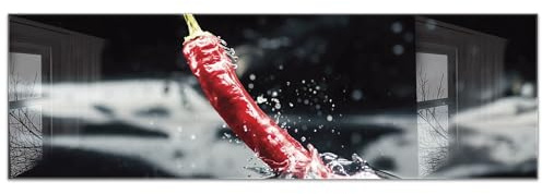 timalo Küchenbild aus Acrylglas modernes Wandbild Glasbild Deko Küche XXL Bild wie Glas | 160x50cm Chili Splash, rote Peperoni, Chillischote, Gewürze, exotische Küche, Food Art