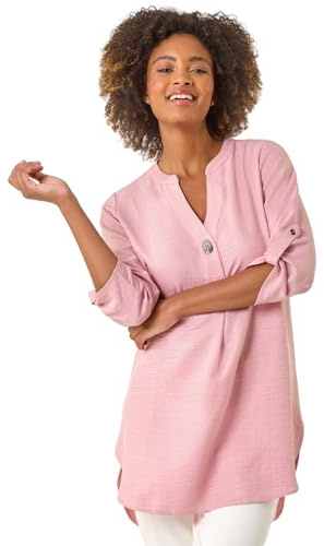 Roman Originals Shirt for Women UK Ladies Longline Top Collarless Blouse Smart Tunic Casual Evening Relaxed Fit 3/4 Length Sleeve Notch V Neck Long - Rose - Size 10