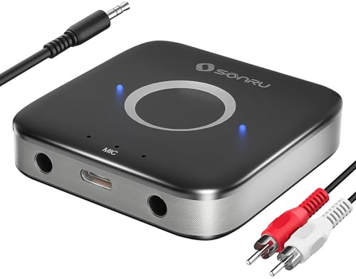 Receptor Bluetooth 5.3 HiFi, SONRU Adaptador Bluetooth Audio Inalámbrico Jack 3.5mm RCA Cable Salida AUX Dual para Estéreo Domestico/Altavoz/Amplificador