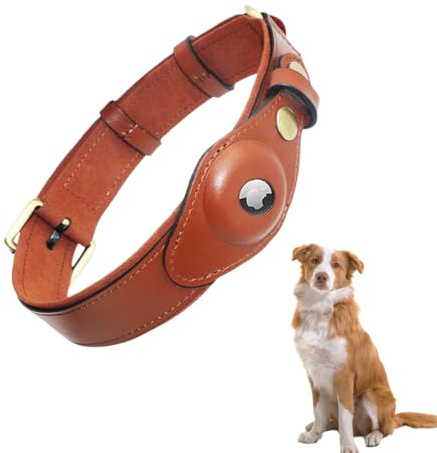 LiRui.R Airtag Hundehalsband Hundehalsband aus Leder mit weicher Polsterung Einstellbar um Verlust zu verhindern Für kleine, mittlere und große Hunde(Braun,S)