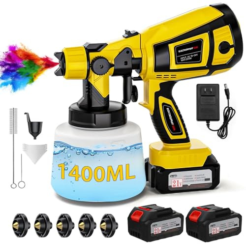 Kabelloser Farbsprüher mit Akku, 2 von 4000 mAh, 5 Düsen und 3 einstellbaren Sprühmodi, Sprühpistole mit 1400 ml Behälter, Handheld-Farbsprüher für Hausmalerei, Möbel, Schränke, Zaun, Wand