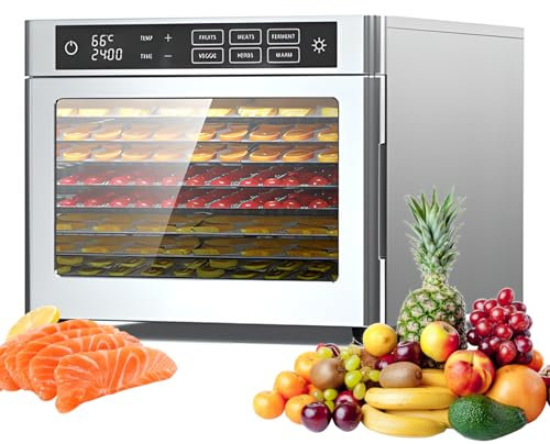 Stainless Steel Food Dehydrator, 6-12 Tray Fruit Dryer Machine with Adjustable Temperature 30-85℃, 24h Timer, Easy Clean, LED Touch for Herbs and Jerky